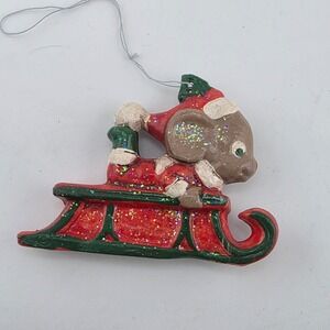 Vintage Mouse Christmas Ornament‎ Sled Red Green Figurine Santa Holiday Decor